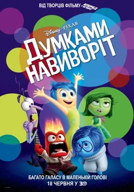 Український постер мультфільму «Думками навиворіт»: п'ять емоцій — Радість, Страх, Гнів, Відраза й Смуток — на тлі різнокольорових кіл